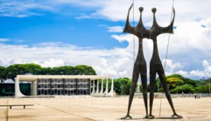 Brasilia, Brazil - November 18, 2015: View of Dois Candangos monument, built by Brazilian sculptor Bruno Giorgi in 1959 at Three Powers Square in Brasilia, capital of Brazil.